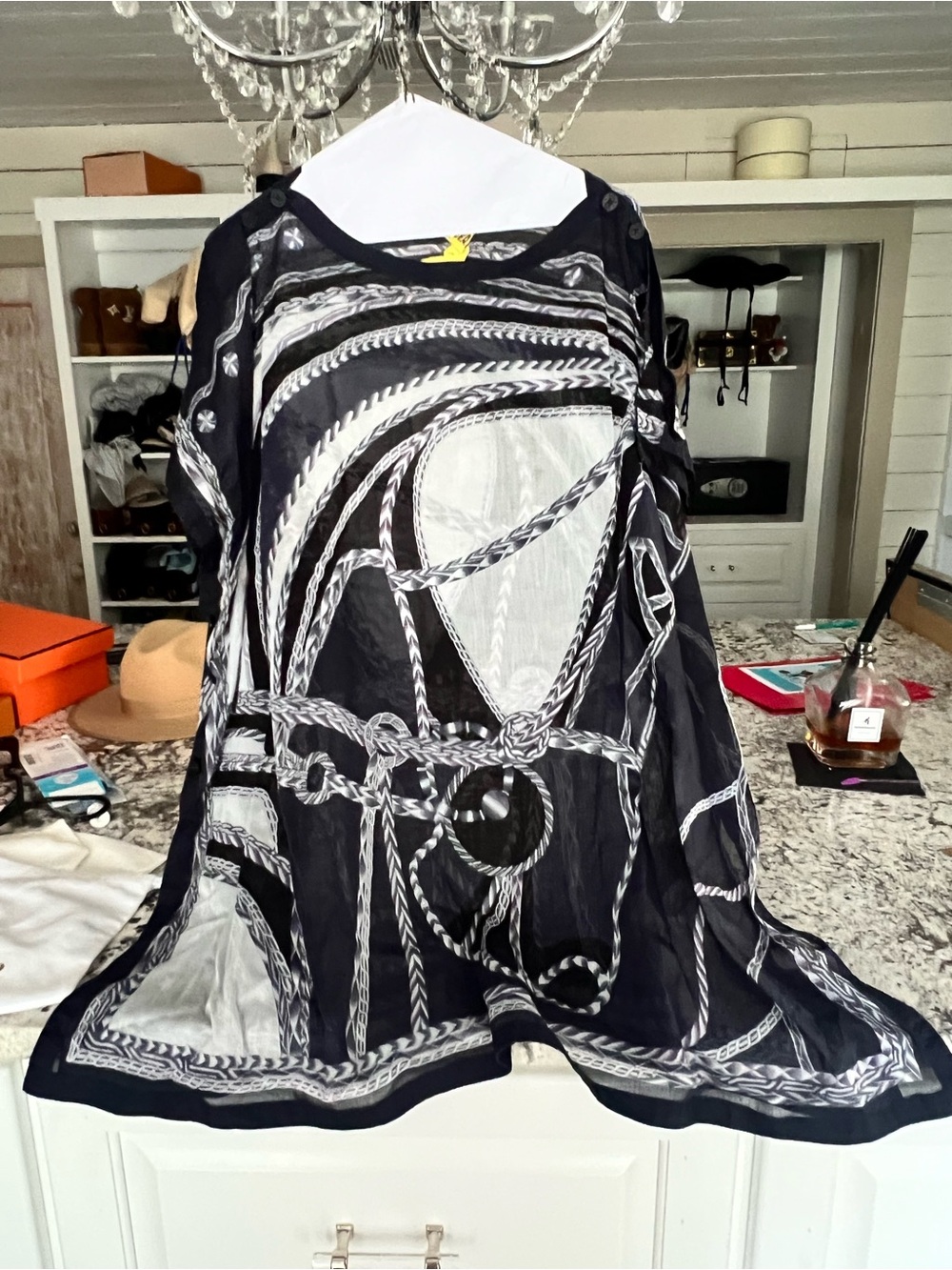 Hermes Black and White Rope-Print Swim Coverup Tunic